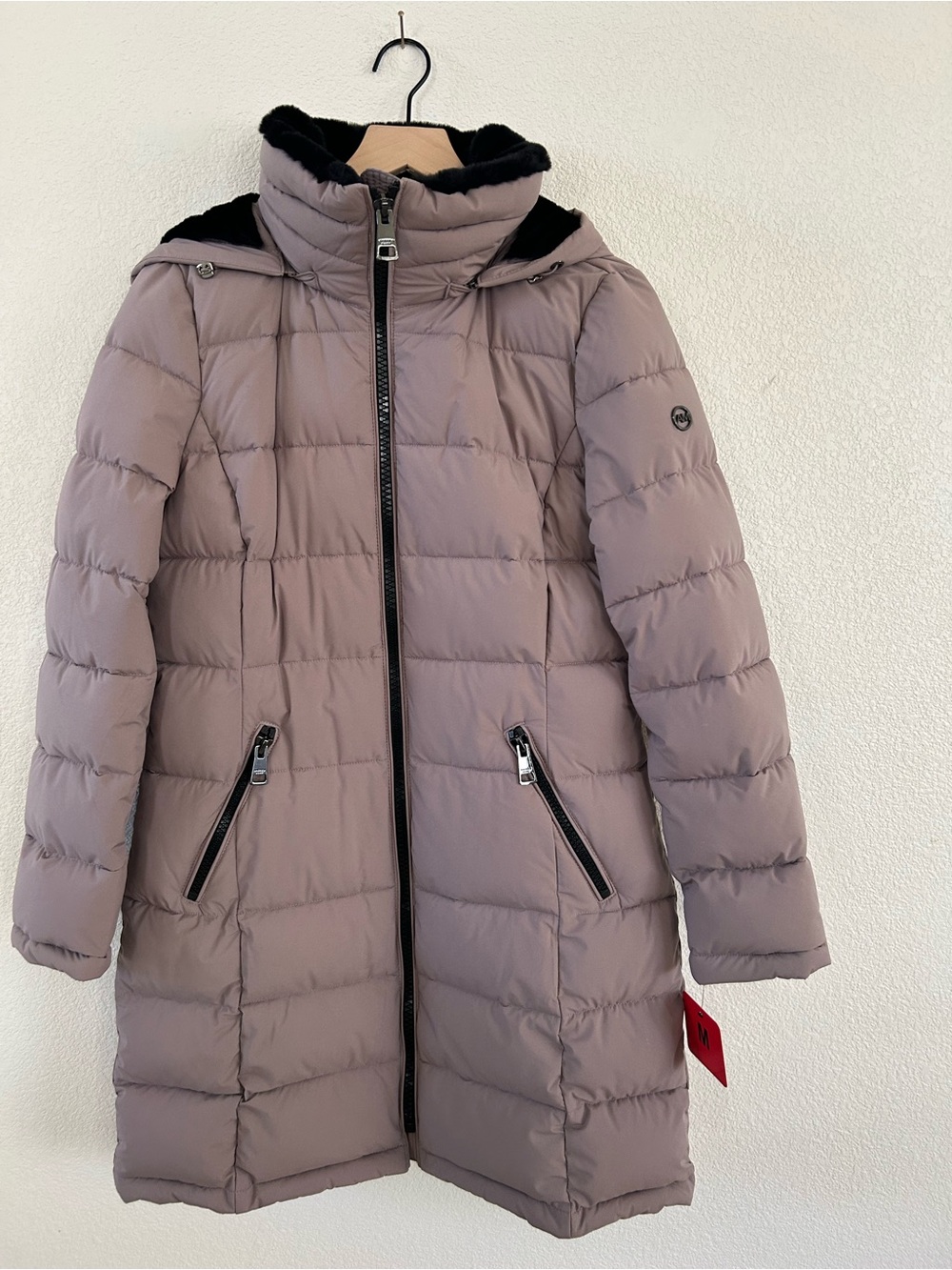 Andrew Marc Mauve-Taupe Long Quilted Puffer Coat with Hood